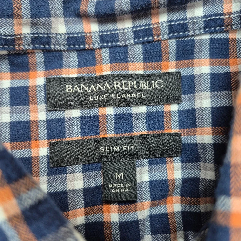 Banana Republic Luxe Flannel Shirt Mens‎ Medium Blue Orange Plaid Slim Fit